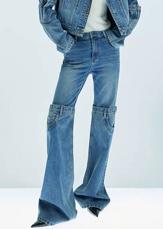 Blue High Waist Patchwork Flared Jeans Spring