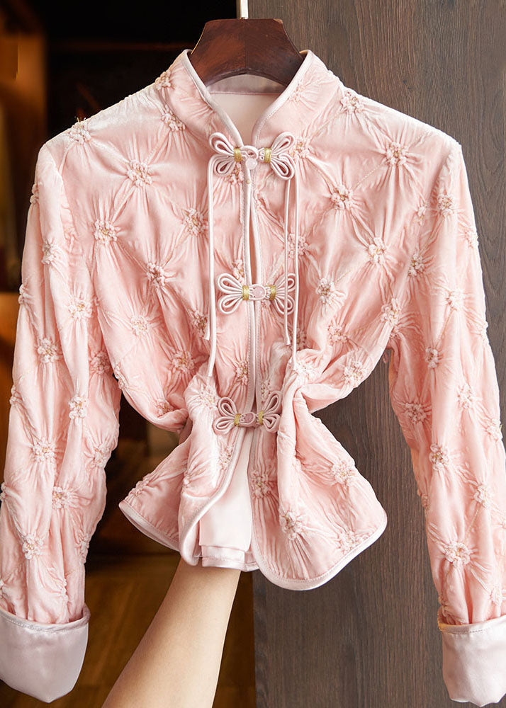 Art Apricot Stand Collar Button Silk Velour Tops Fall