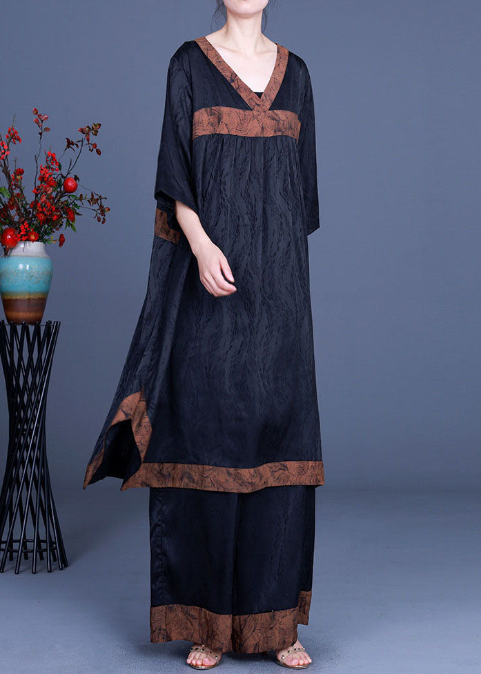 Diy Black Asymmetrical Patchwork Silk Two Pieces Set Half Sleeve