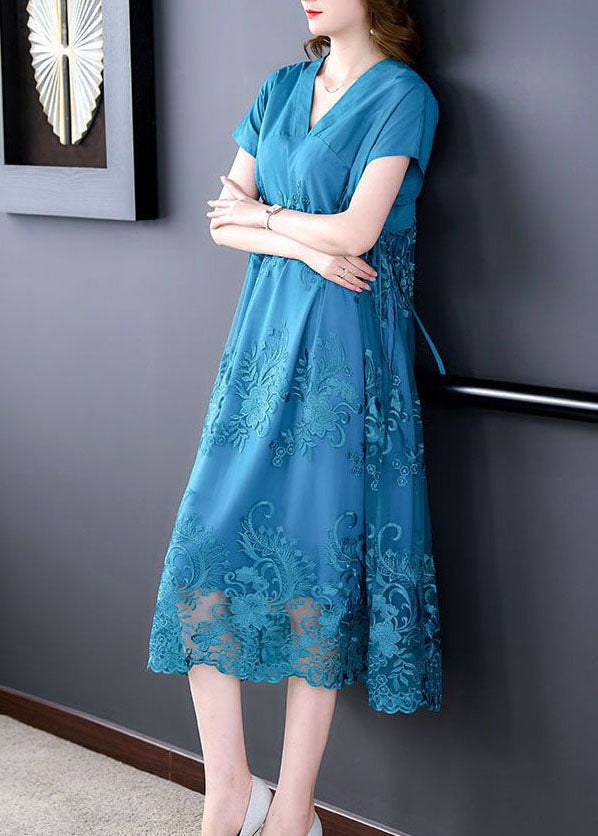 Blue V Neck Patchwork Tulle Silk Dresses Summer