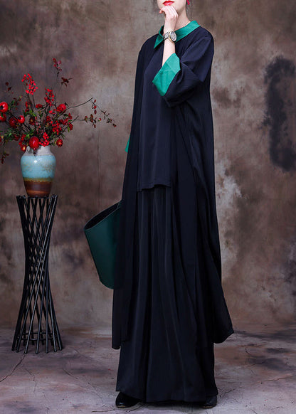 Black Patchwork Green Peter Pan Collar Low High Design Chiffon Long Shirt and Wide Leg Pant Two Pieces Set Summer