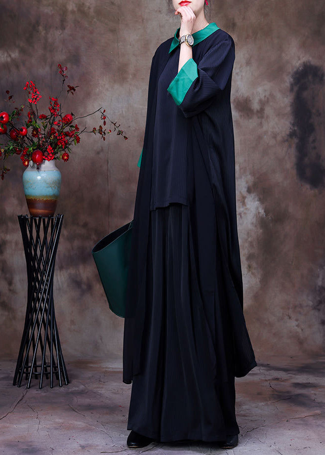 Black Patchwork Green Peter Pan Collar Low High Design Chiffon Long Shirt and Wide Leg Pant Two Pieces Set Summer