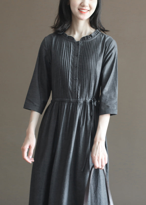 Grey Wrinkled Drawstring Ruffled Linen Dresses Bracelet Sleeve