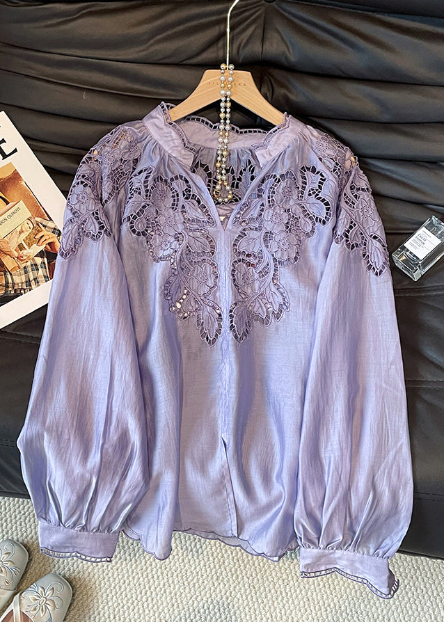 Purple Embroidered Hollow Out Silk Shirt Tops Fall