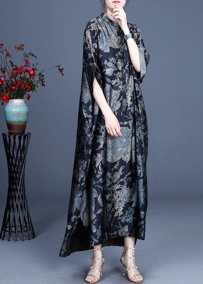 Comfy Black Print Summer Silk Side Open Dress