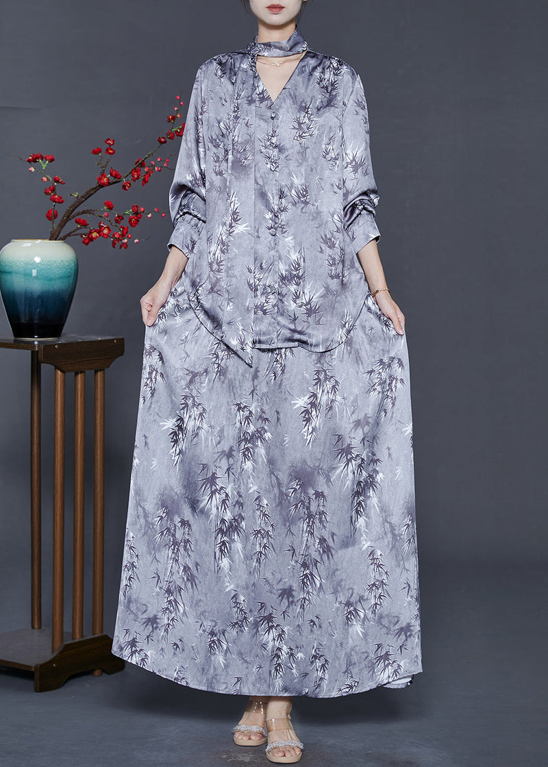 Style Grey V Neck Print Silk Two Piece Set Clothing Fall