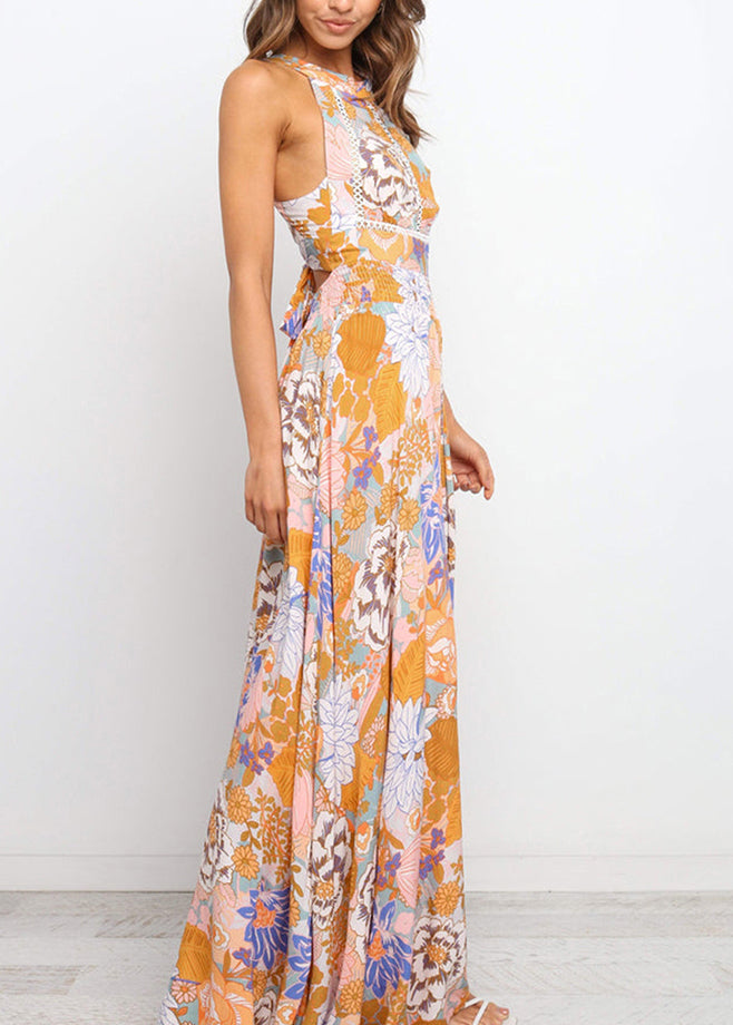 Slim Fit Colorblock Print Backless Tunic Maxi Dresses Sleeveless