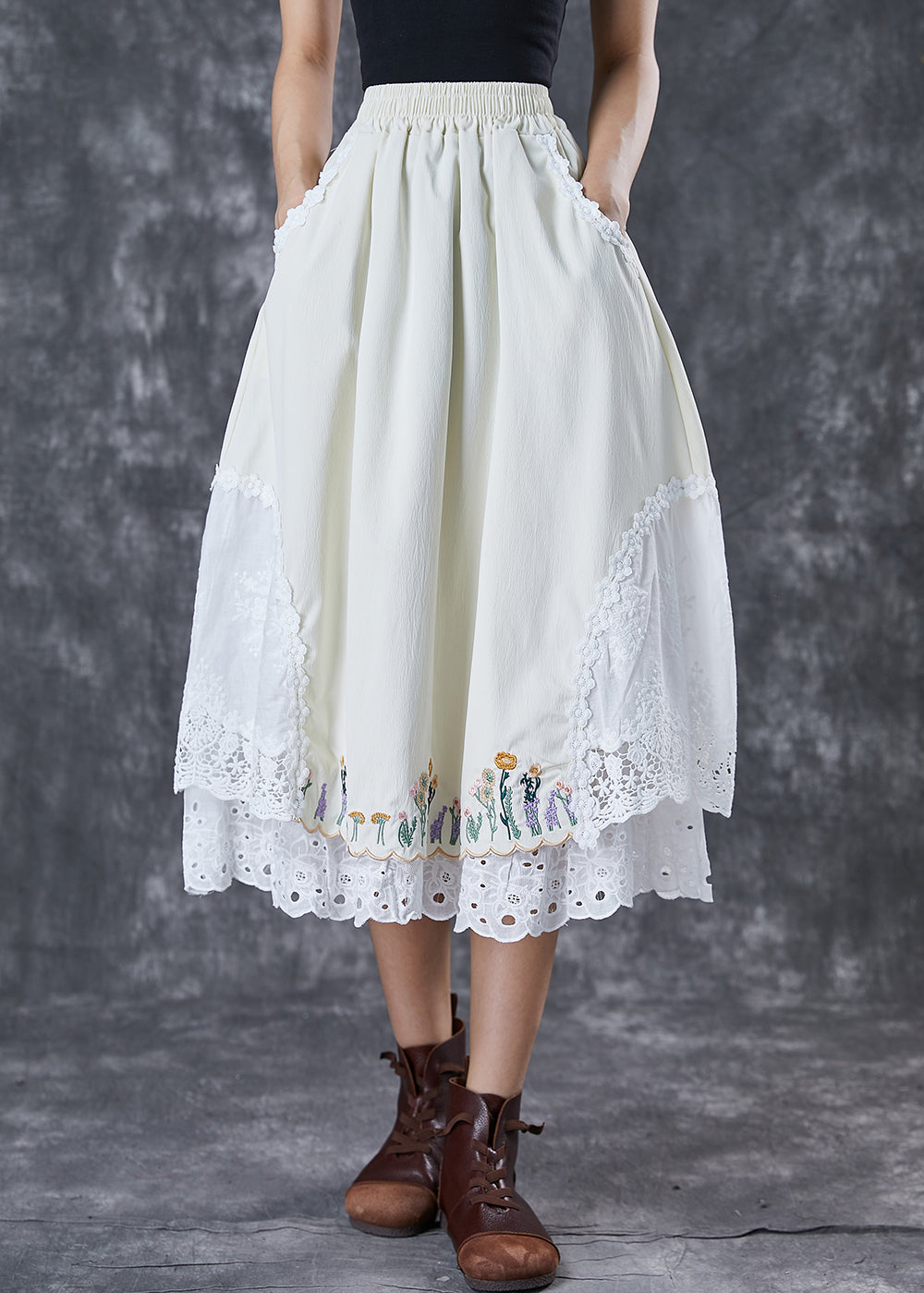 Handmade Beige Embroideried Patchwork Cotton Skirt Fall