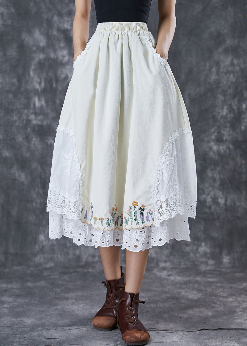 Handmade Beige Embroideried Patchwork Cotton Skirt Fall
