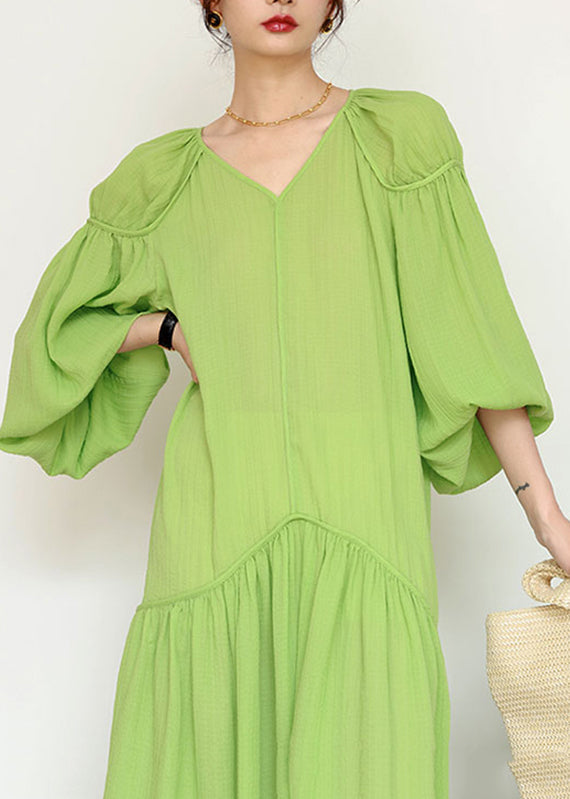 Organic Green V Neck Wrinkled Patchwork Long Dresses Lantern Sleeve