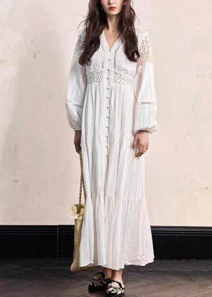 White Hollow Out Wrinkled Cotton Blouses Dress Fall