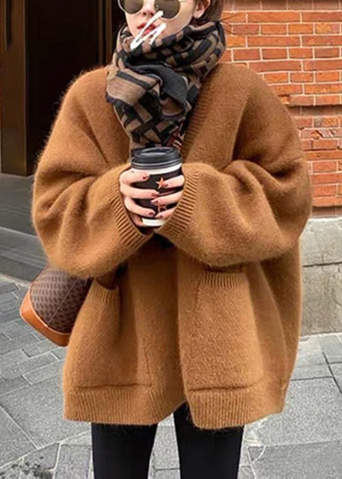 Brown V Neck Pockets Cotton Knit Cardigans Long Sleeve
