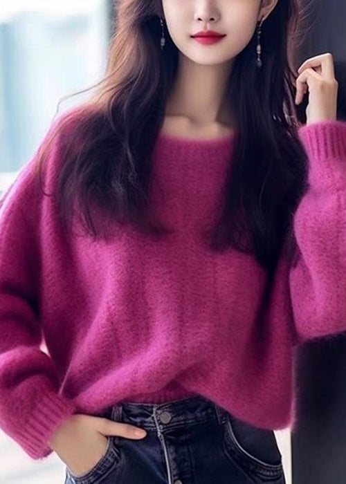 Simple Purple O Neck Cozy Cotton Knit Sweaters Long Sleeve