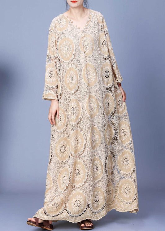 Apricot Hollow Out Lace Patchwork Cotton Long Dress Spring