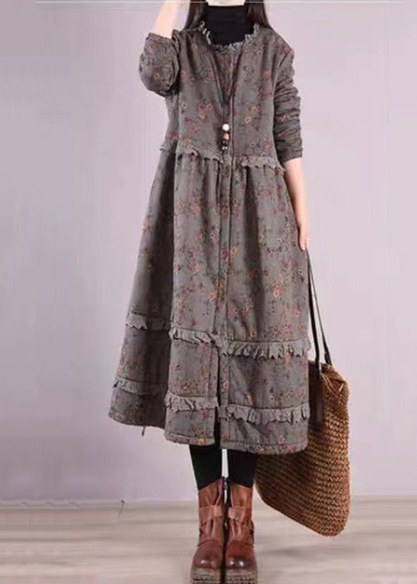 Blue Ruffled Print Patchwork Cotton Dresses Fall