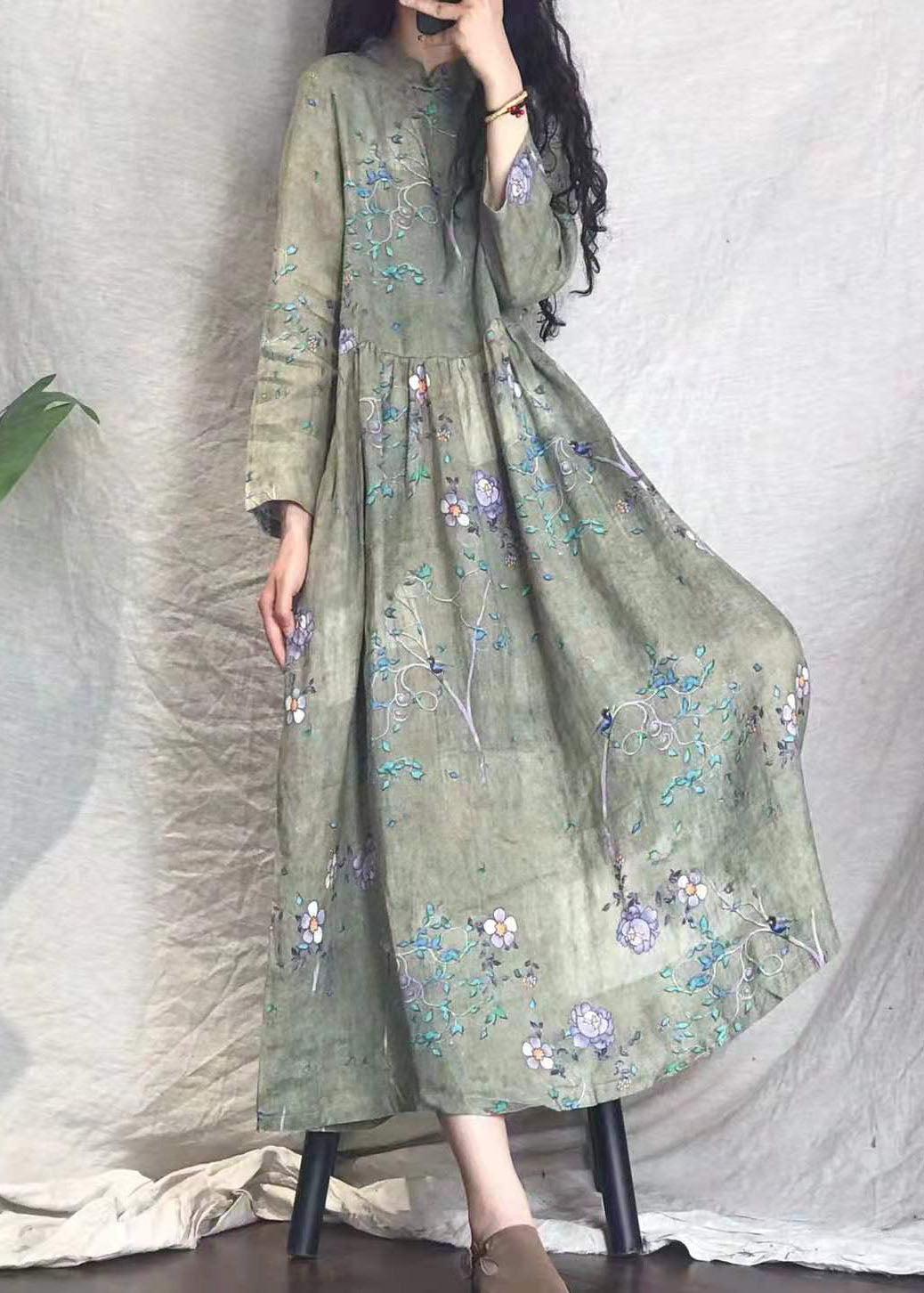 Red Cinched Stand Collar Print Linen Long Dresses Spring