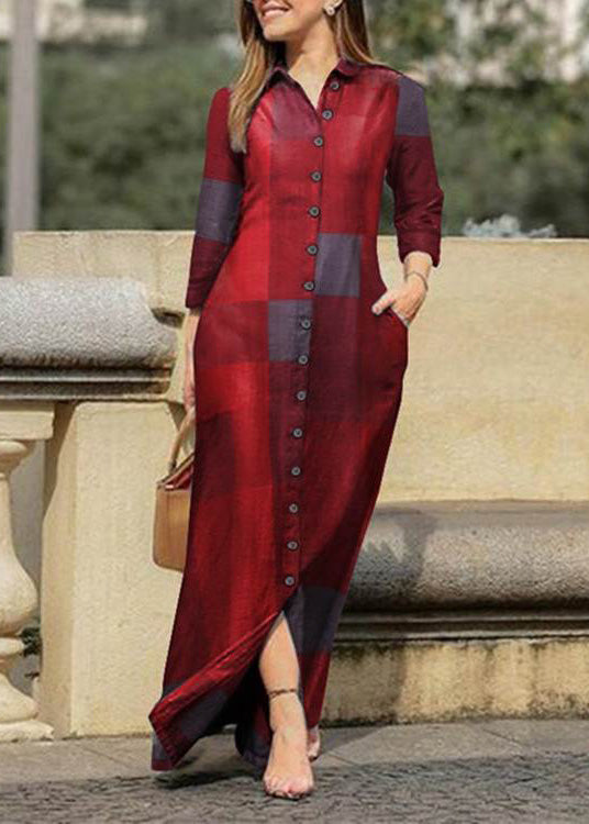 Blue Peter Pan Collar Plaid Button Maxi Shirt Dresses Spring