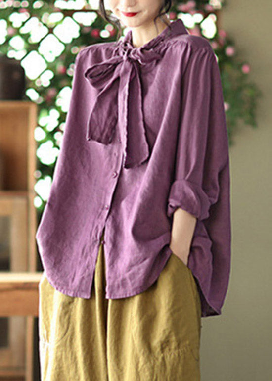 Purple Stand Collar Bow Button Linen Shirt Long Sleeve