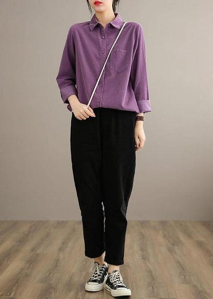 Style Lapel Pockets Spring Crane Tops Design Purple Shirt