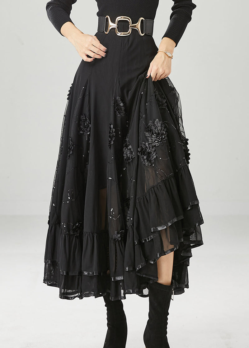 Italian Black Stereoscopic Chiffon a Line Skirt Fall