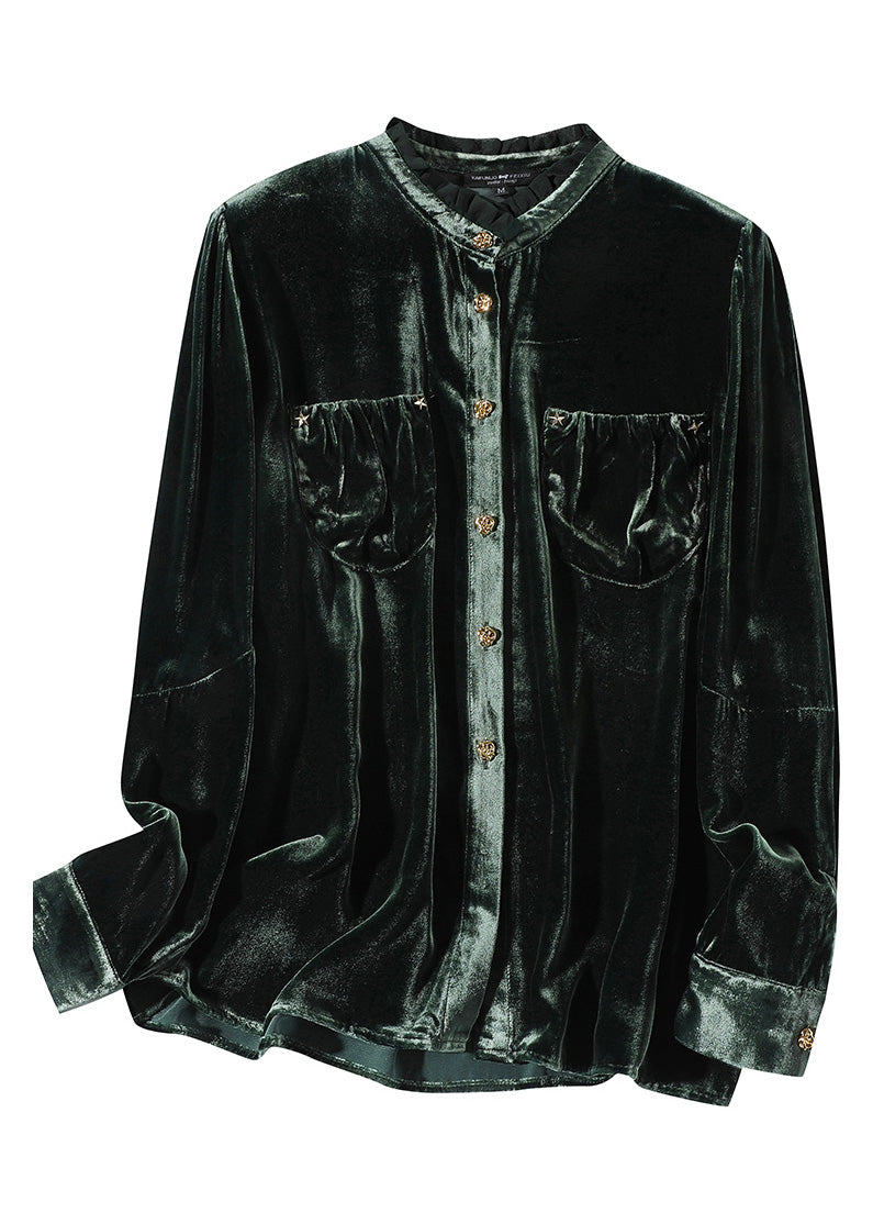 Blackish Green Stand Collar Button Silk Velour Shirt Long Sleeve