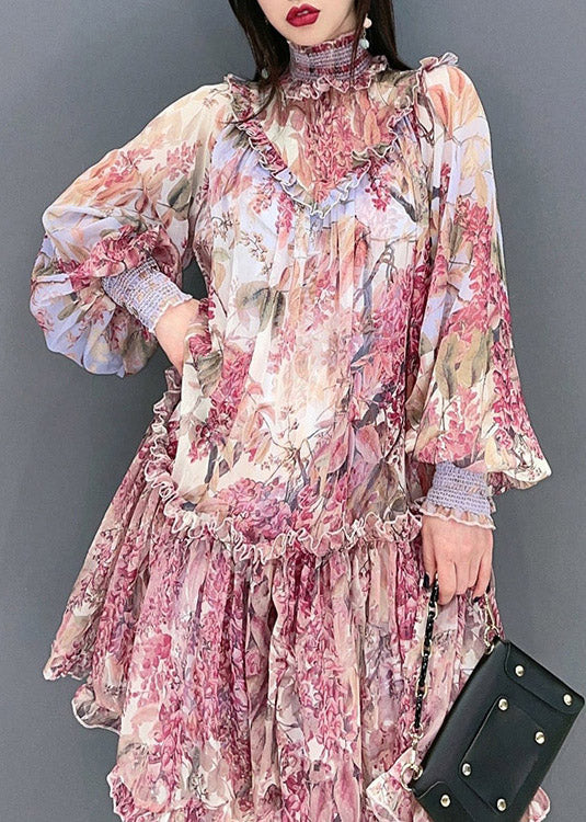 Red Stand Collar Ruffled Print Chiffon Dress Long Sleeve