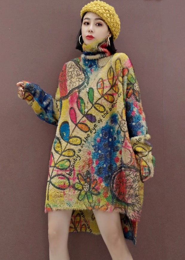 Leaves Print Loose Knit Dresses Side Open Spring