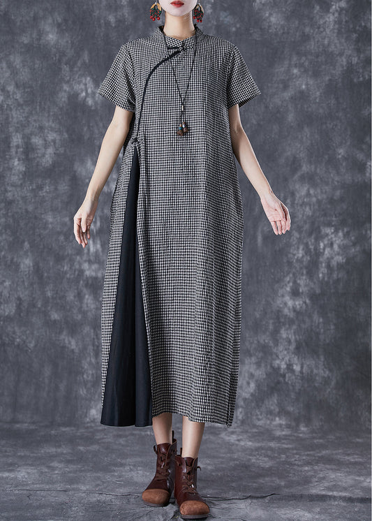 Black Plaid Patchwork Linen Cheongsam Dresses Summer