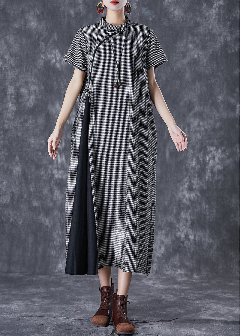 Black Plaid Patchwork Linen Cheongsam Dresses Summer