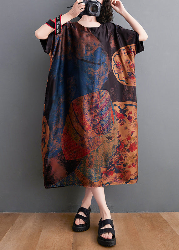 Baggy O-neck Print Chiffon Dresses Short Sleeve