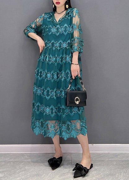 Blue V Neck Tulle Patchwork Hooded Dress Three Quarter Sleeve