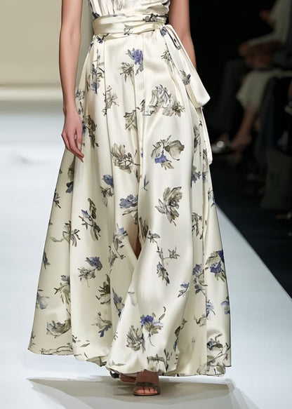 Champagne Print Exra Large Hem Silk Party Dress Summer