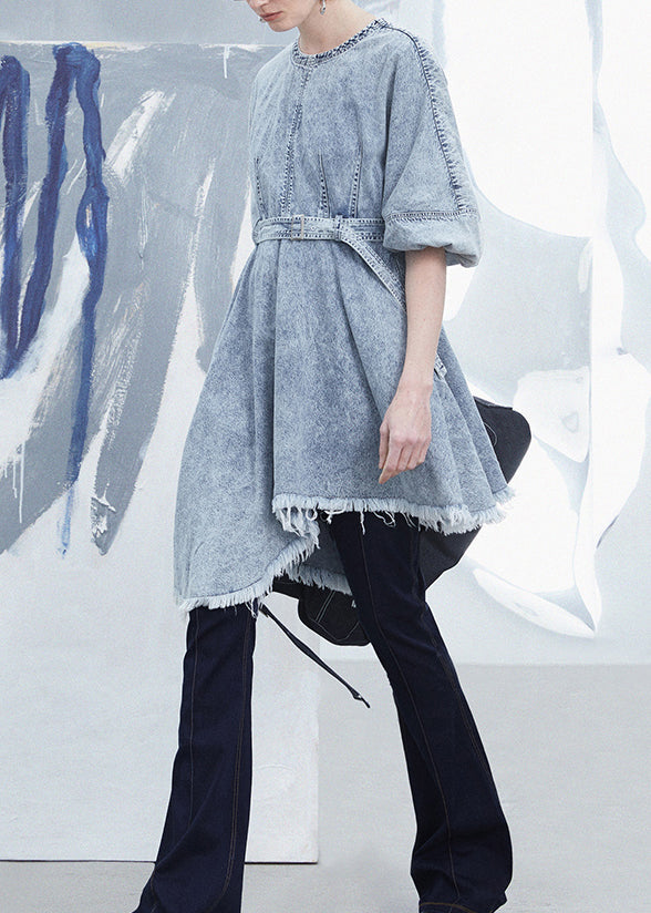 Light Blue Tassel Asymmetrical Patchwork Denim Dress Summer