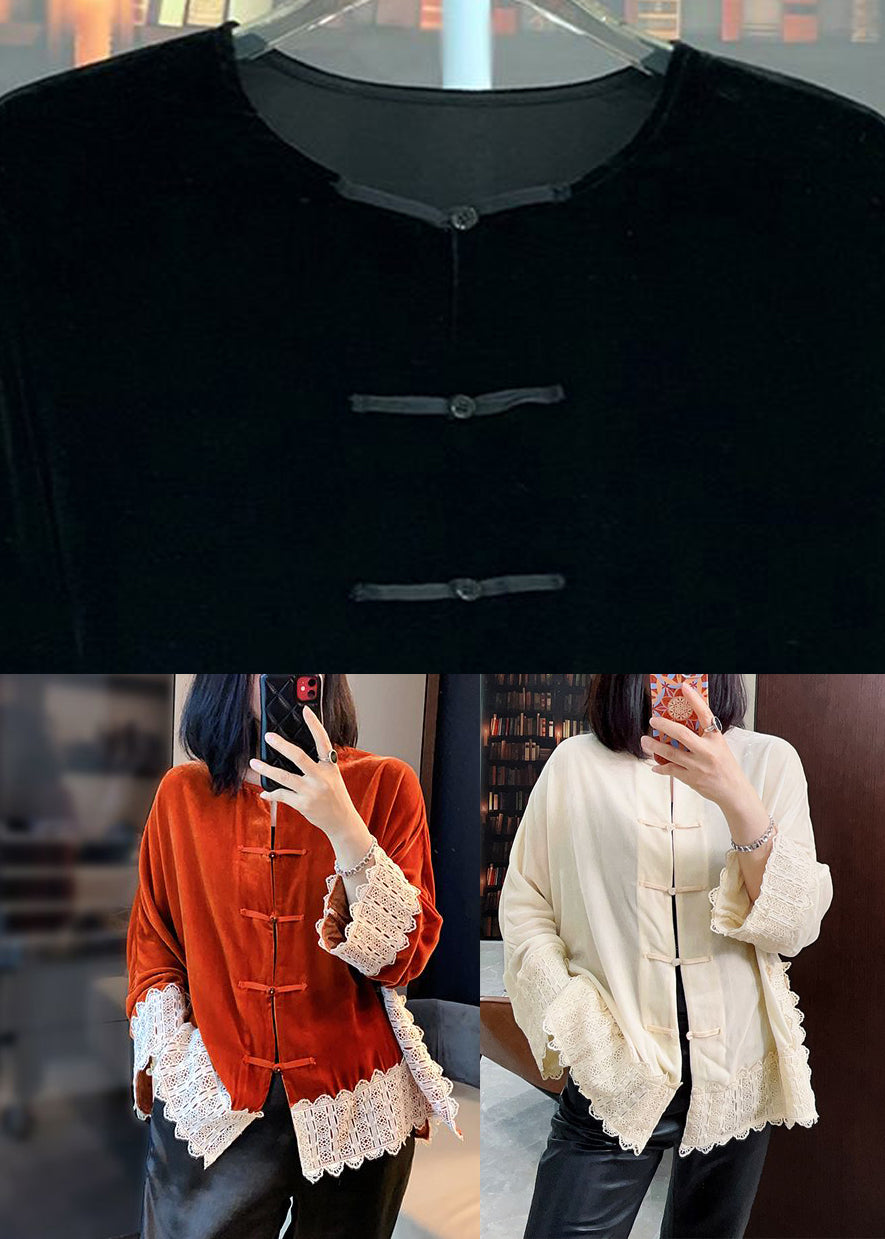 Black O-neck Silk Velour Coats Fall