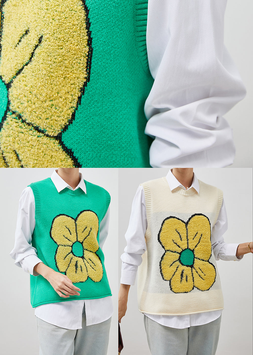 Green Jacquard Knit Vest Tops Spring