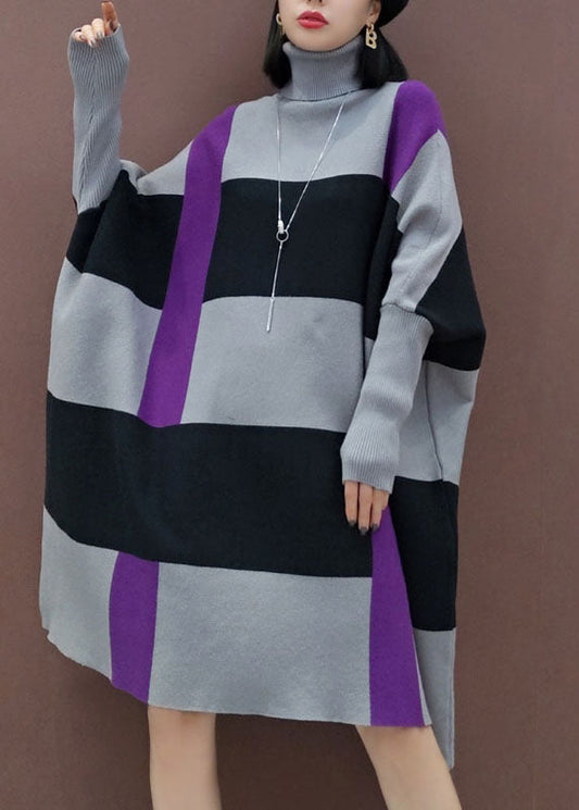 Loose Grey Black Striped Knit Dress Long Sleeve