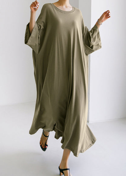 Army Green O-neck Cotton Maxi Dress Long Sleeve