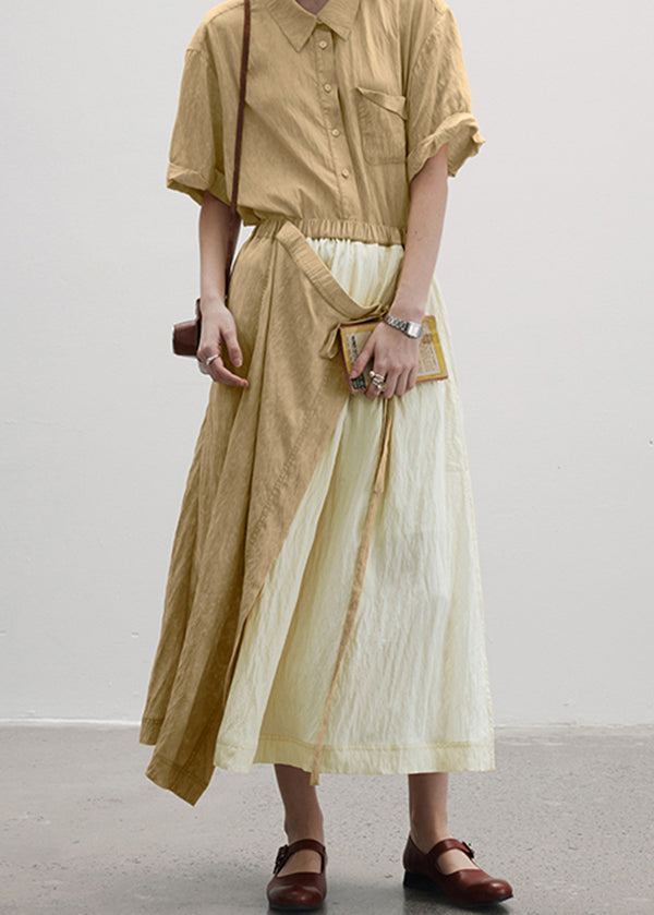 Camel Wrinkled Asymmetrical Patchwork Cotton Skirt Summer