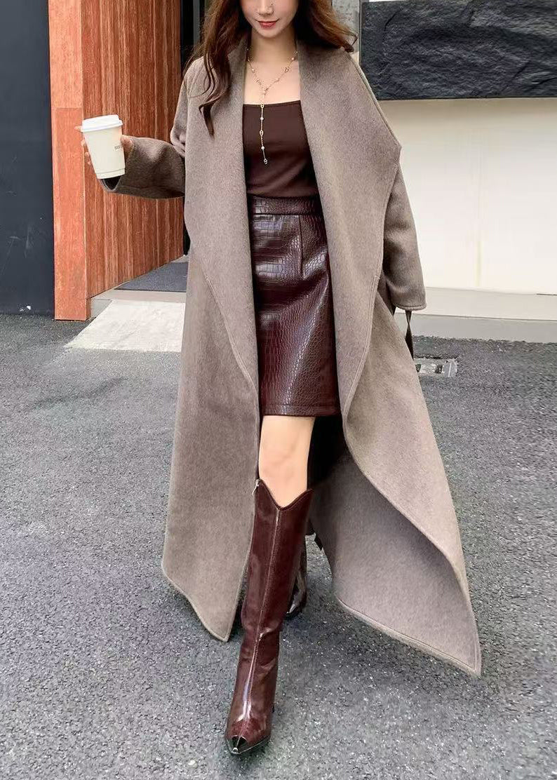 Brown Peter Pan Collar Oversized Woolen Coat Winter