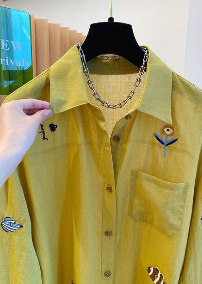 Natural Yellow Peter Pan Collar Print Cotton Shirt Tops Fall