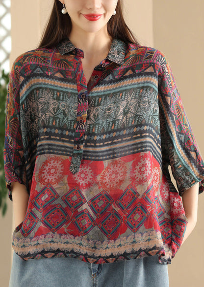Green Peter Pan Collar Print Button Linen Shirt Summer
