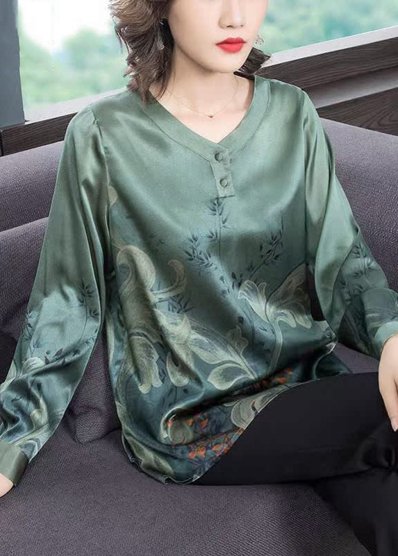 Blackish Green O Neck Print Patchwork Silk Top Fall