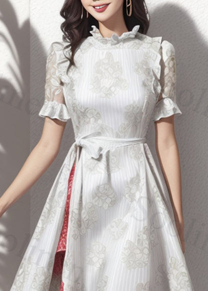 Italian White Ruffled Exra Large Hem Silk Cinched Dresses Summer