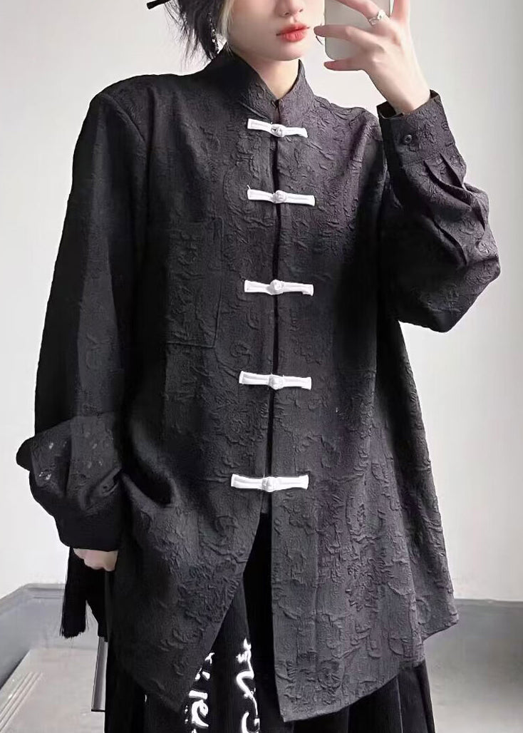 Black Stand Collar Chinese Button Patchwork Cotton Top Fall