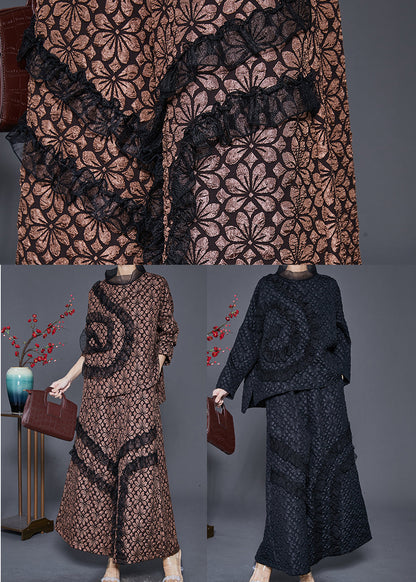 Coffee Jacquard Warm Fleece Two Piece Set Clothing Ruffled Winter