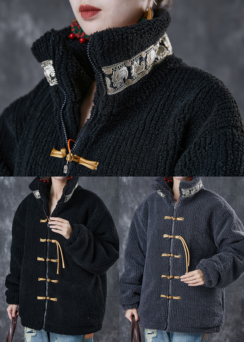 Black Zip Up Patchwork Chinese Button Fine Cotton Filled Jacket Winter