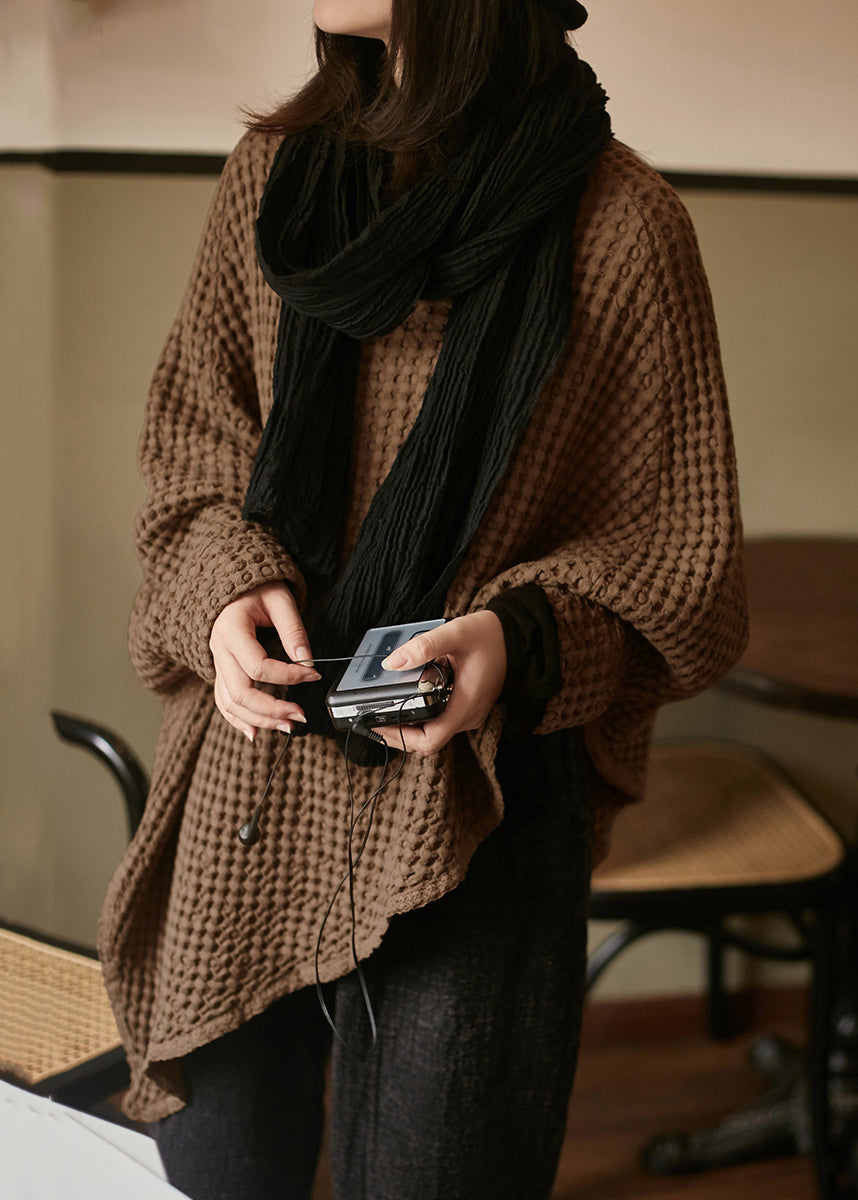 Simple Coffee O-neck Asymmetrical Linen Top Long Sleeve