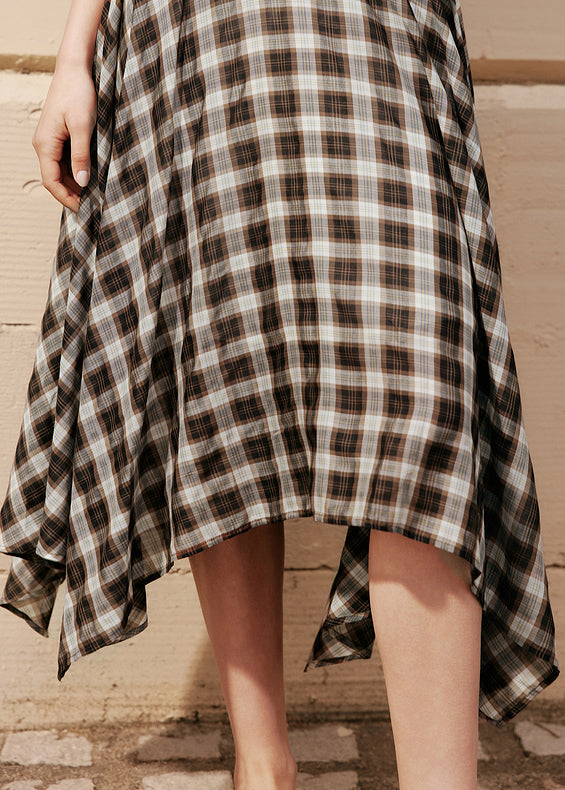 Natural Coffee Plaid Asymmetrical High Waist Silk Cotton a Line Skirts Summer