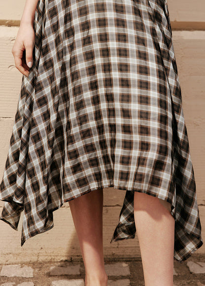 Natural Coffee Plaid Asymmetrical High Waist Silk Cotton a Line Skirts Summer