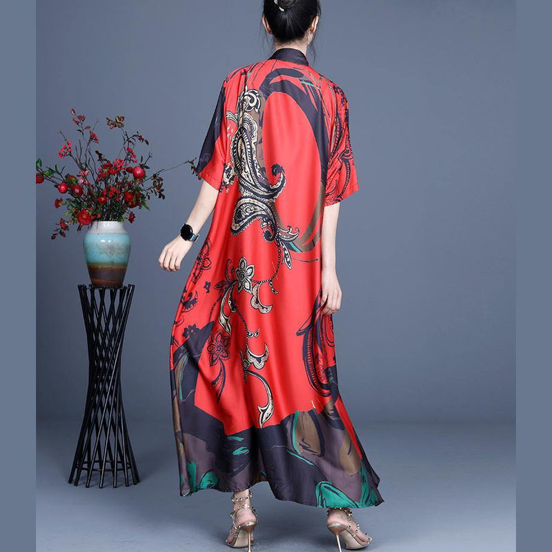 Unique Red Print Asymmetrical Design Mid Dress Summer Silk